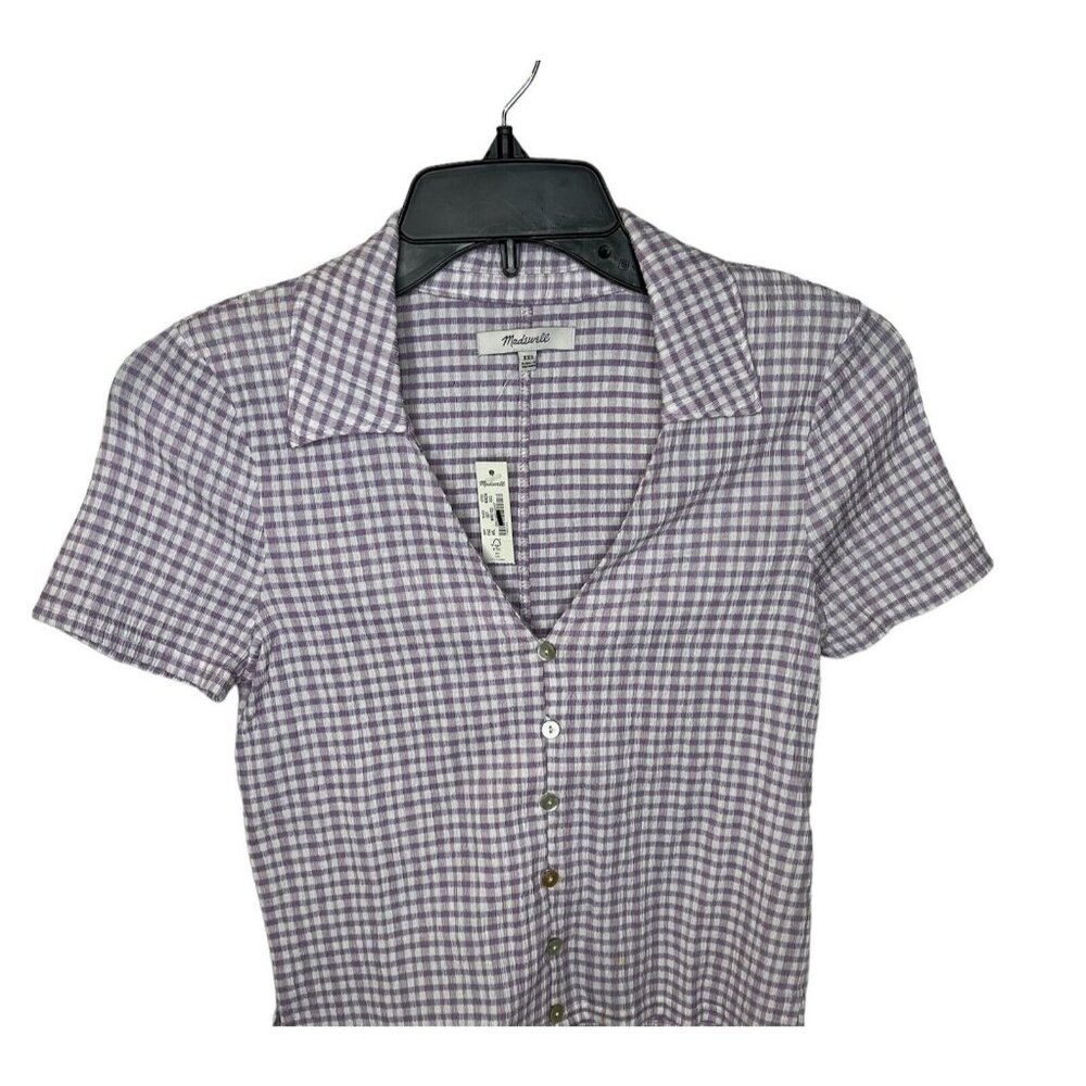 Madewell $88 Crinkled Y-Neck Button Down Shirt Size XXS Aster Bloom NJ624 - Picture 2 of 5